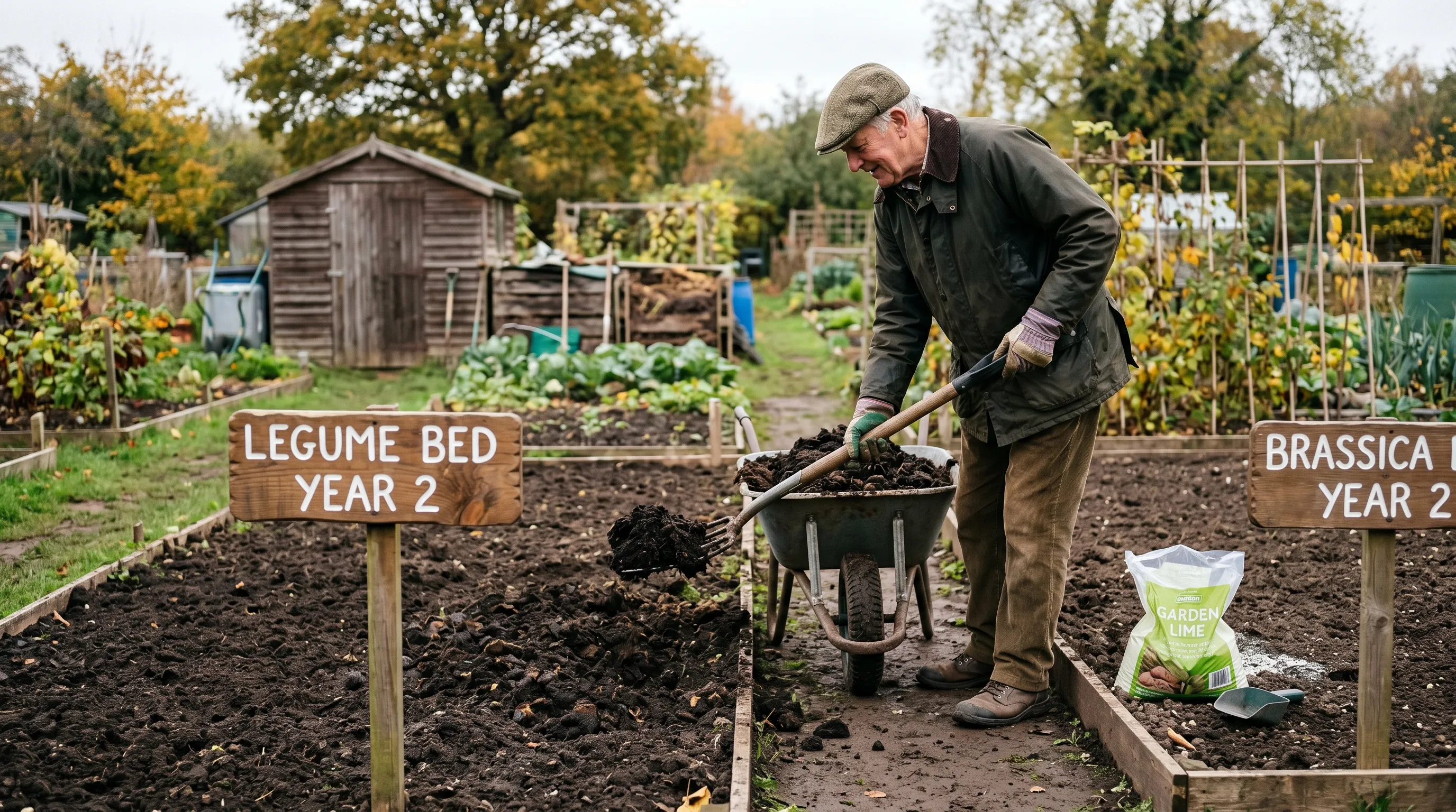 A UK gardener spreading well-rotted horse manure across a freshly cleared autumn allotment bed labelled "Legume bed - Year 2" with a small wooden marker, while another labelled "Brassica bed - Year 2" sits beside it ready for lime