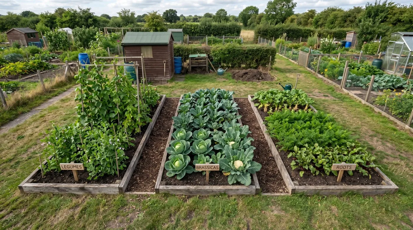 A UK allotment from above showing three clearly defined vegetable beds in a 3-year rotation: legumes, brassicas, and root crops