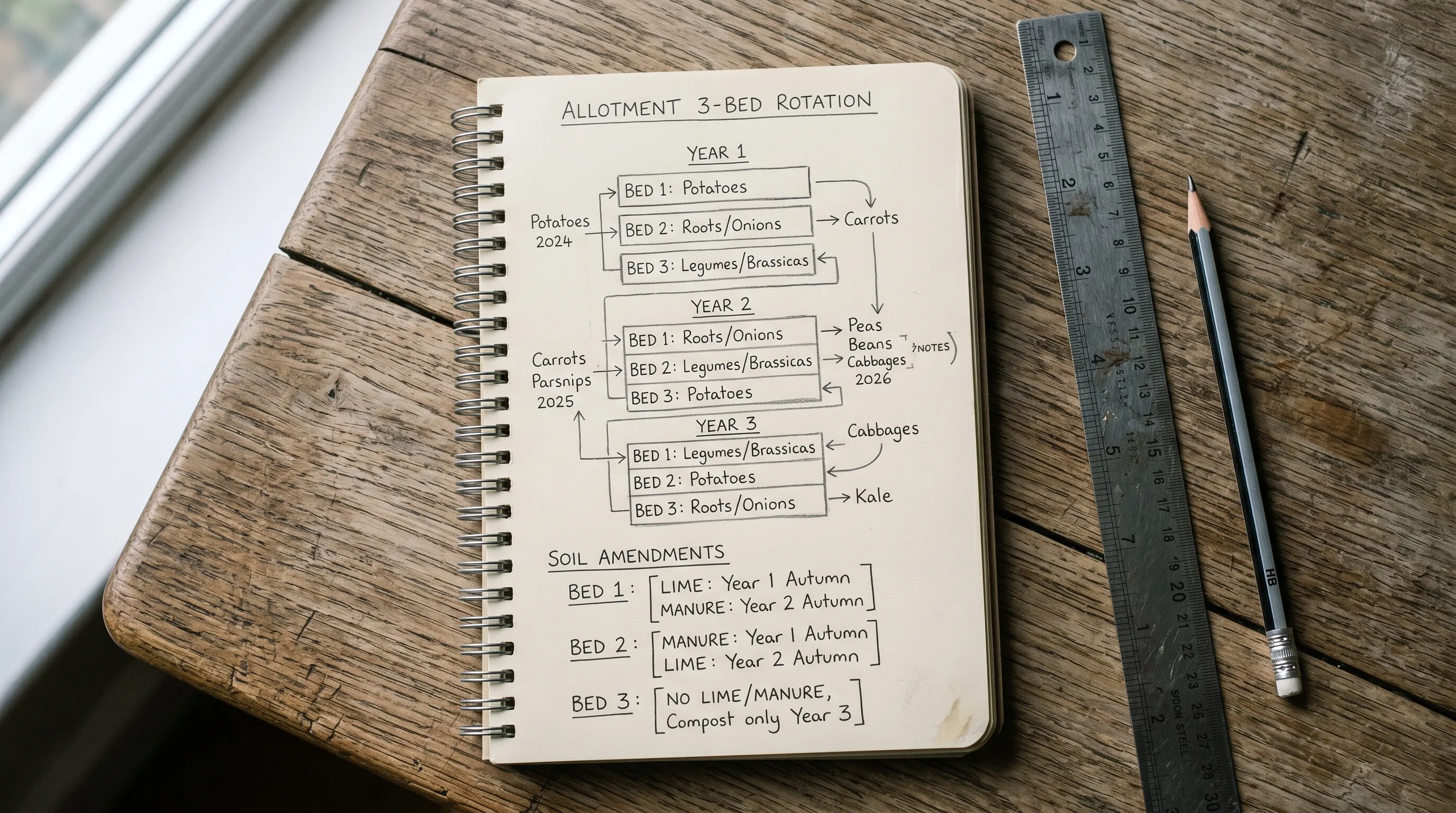 A hand-drawn UK allotment plan in a small notebook showing 3-bed rotation layout with crops labelled for each year and lime and manure timing notes added in pencil