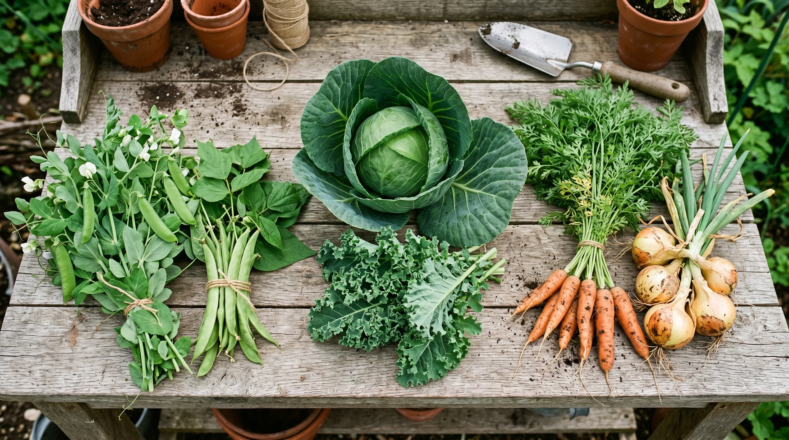 A collection of UK vegetable plants laid out on a wooden bench representing the three rotation plant families: a bunch of peas and beans on the left for legumes, a cabbage and kale leaf in the centre for brassicas, and a bunch of carrots and onions on the right for roots and alliums