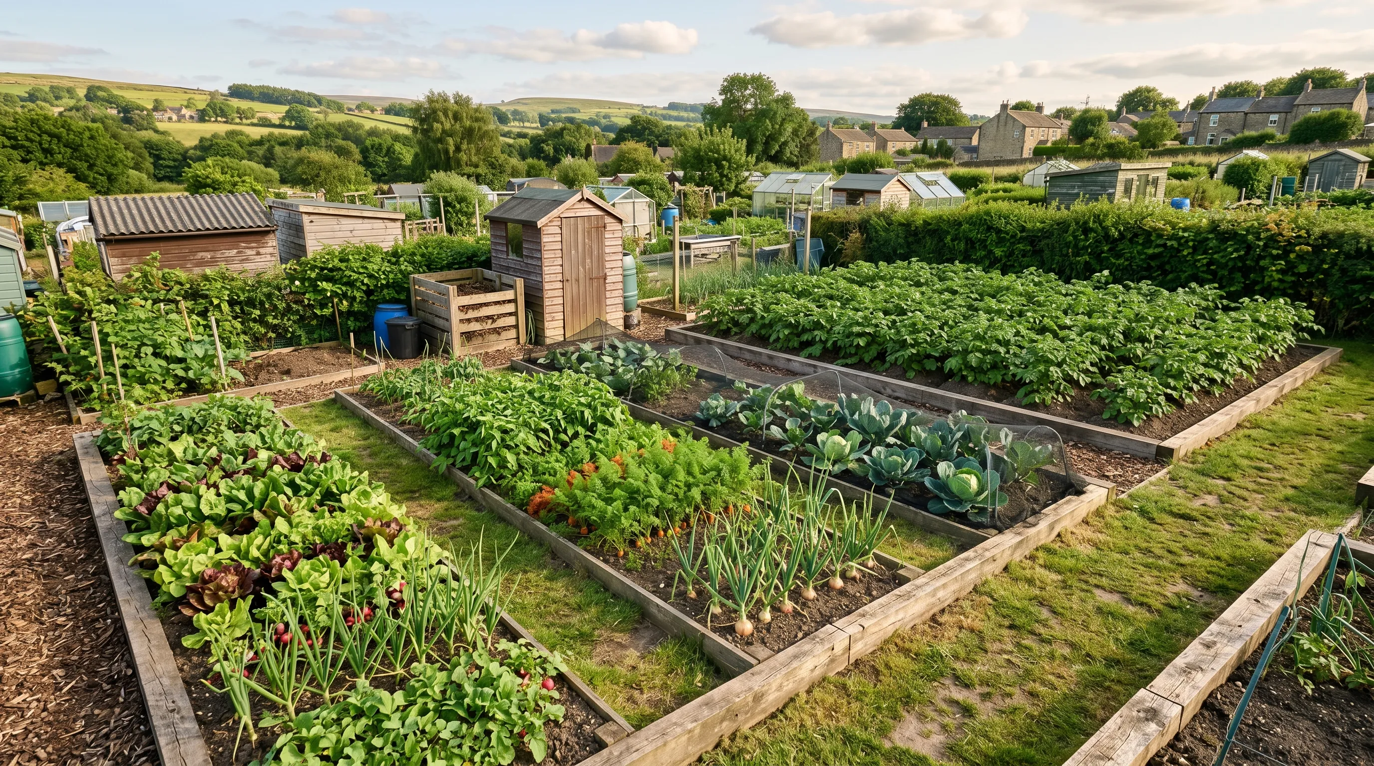 A UK allotment showing three rotation beds plus a dedicated potato patch on the far side of the plot, with timber edging marking each bed clearly