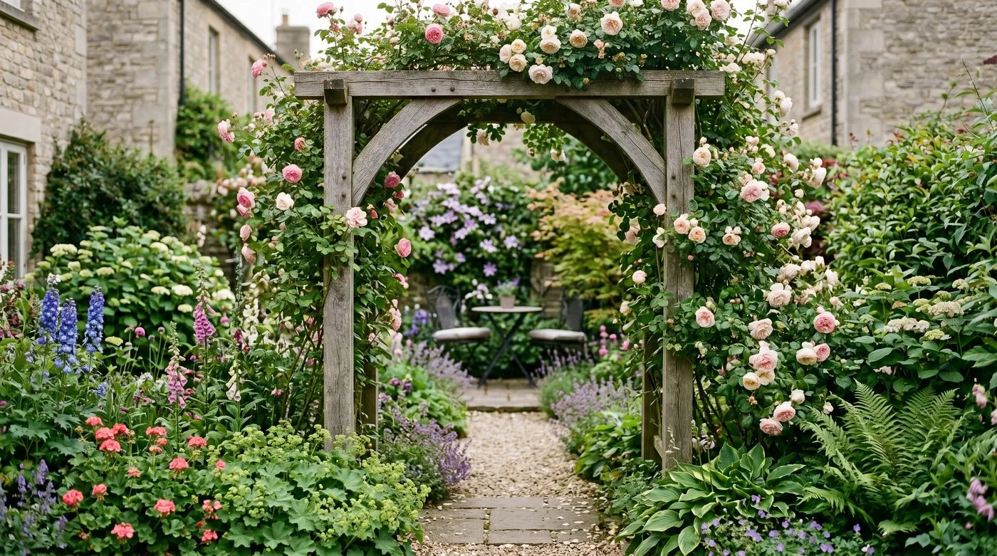 A timber rose arch dividing two garden rooms in a long UK town garden with a glimpse through to a second seating area