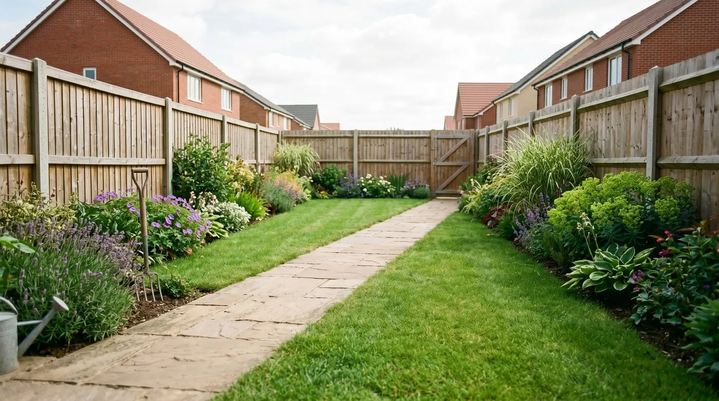 A diagonal sandstone path crossing a long narrow UK garden at 45 degrees with planting widening at the corners