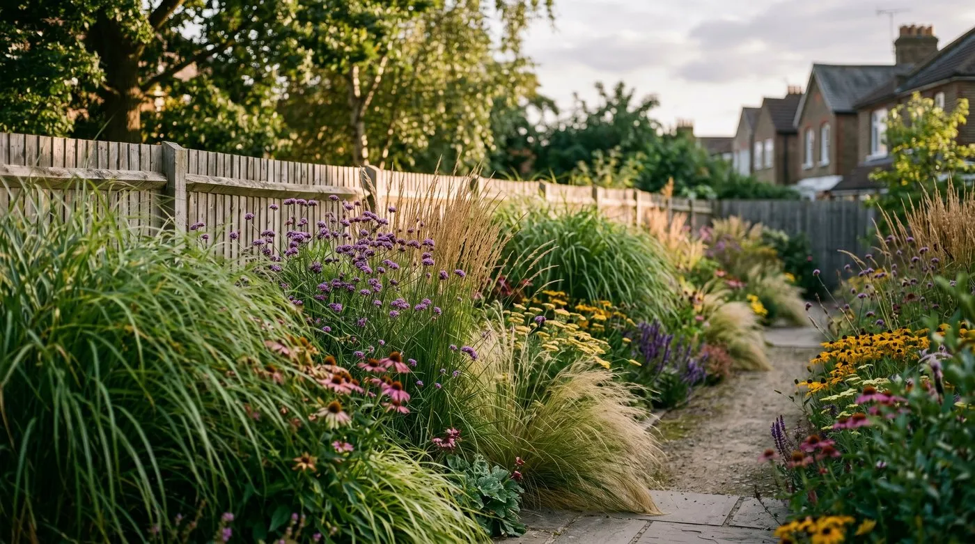 Tall ornamental grasses and perennials planted in flowing drifts along a long fence line in a UK city garden