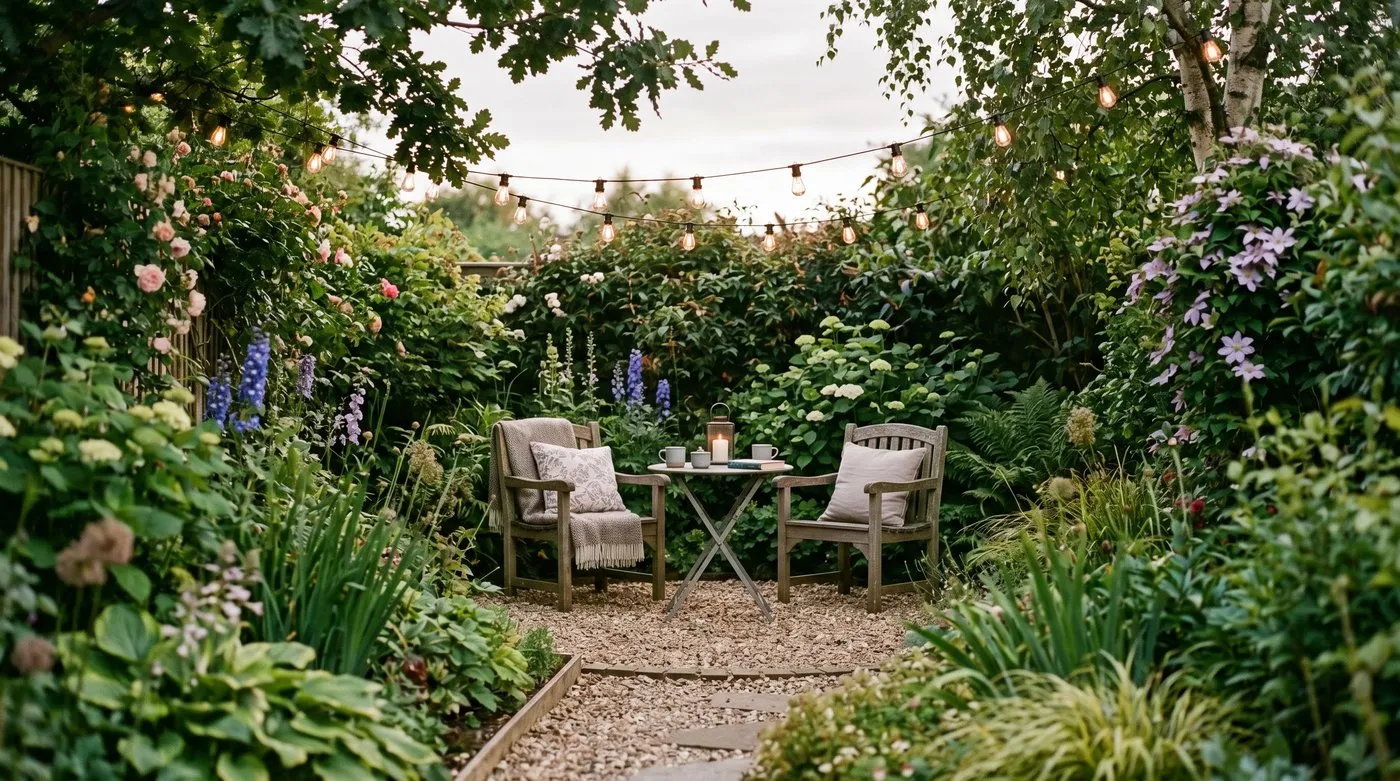 A cosy seating zone with two chairs on a circular gravel pad at the far end of a long narrow UK garden surrounded by tall planting