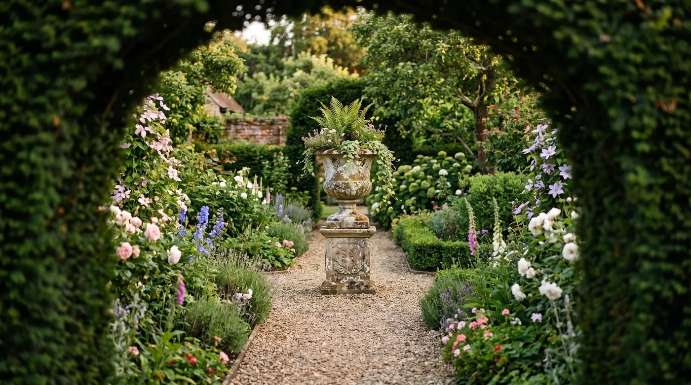 A weathered stone urn on a plinth as a focal point framed by a clipped yew arch at the end of a long narrow UK garden