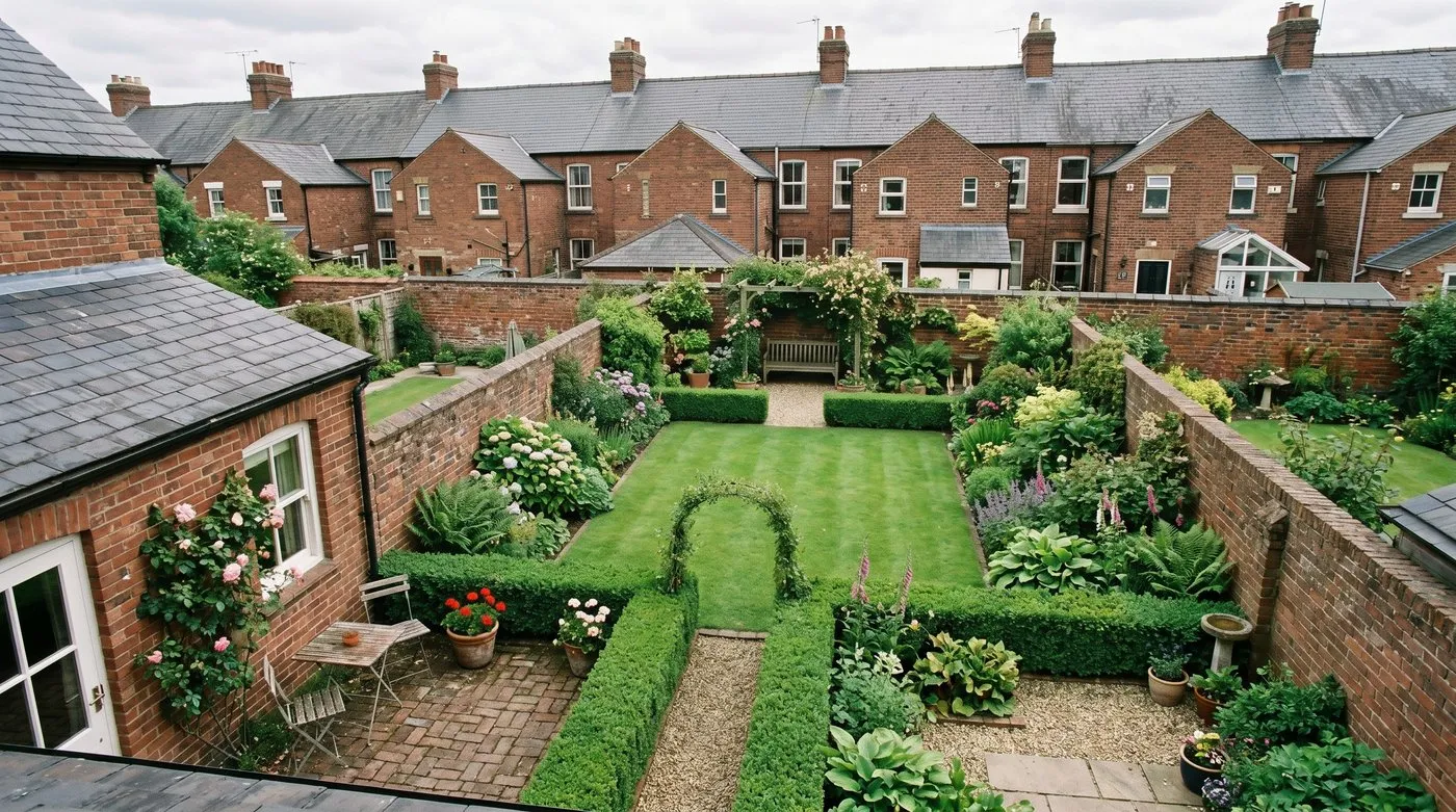 High-angle view of a long narrow UK garden split into three zones with a patio, lawn and rear seating area