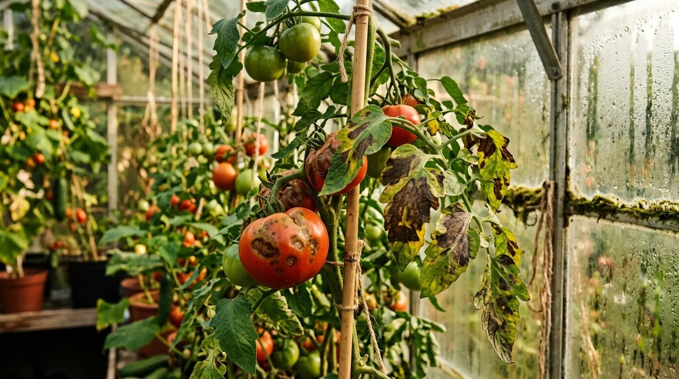 Tomato plant with dark brown blight lesions spreading across stems and leaves in a UK garden