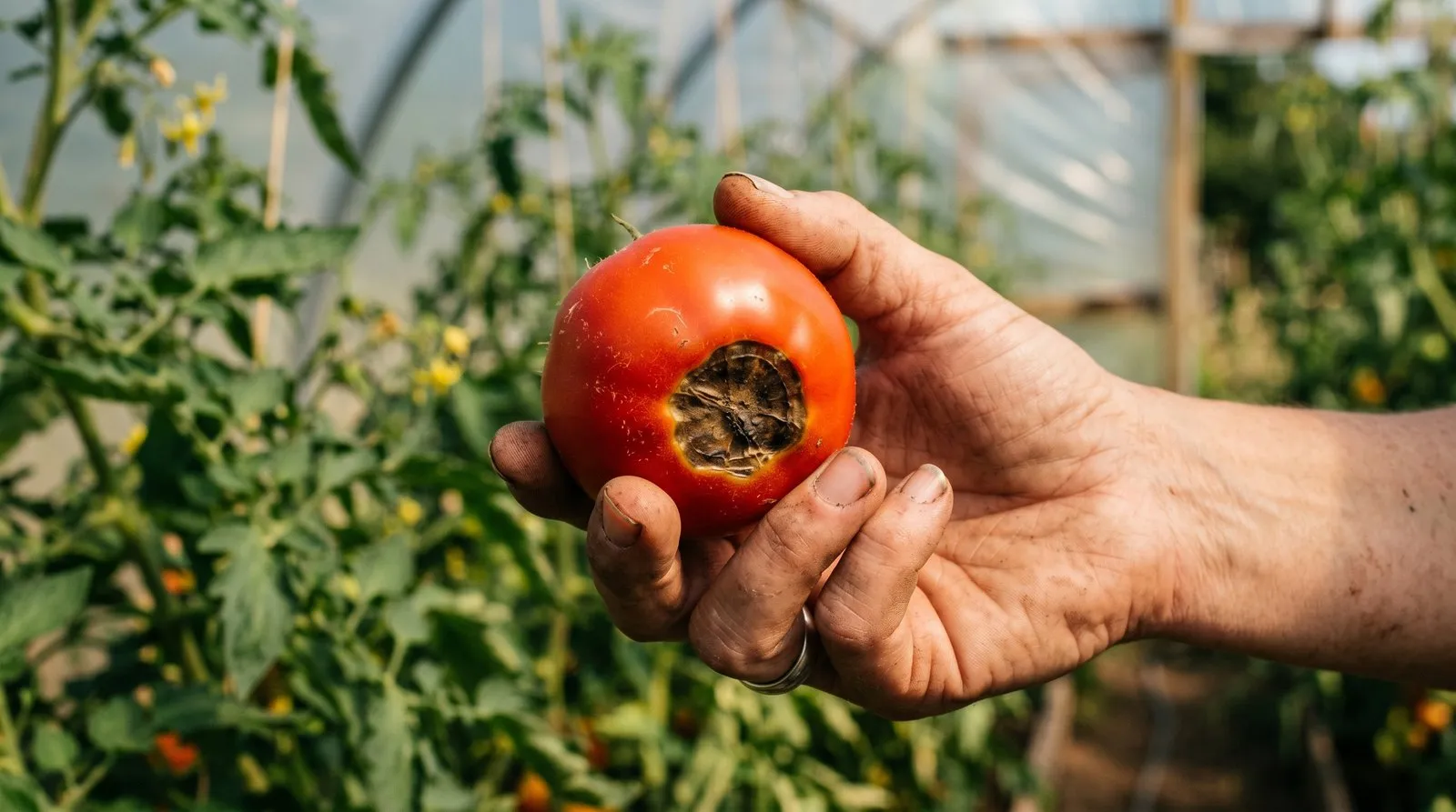 A ripe red tomato held in a hand showing a dark, sunken, leathery blossom end rot patch on the base of the fruit