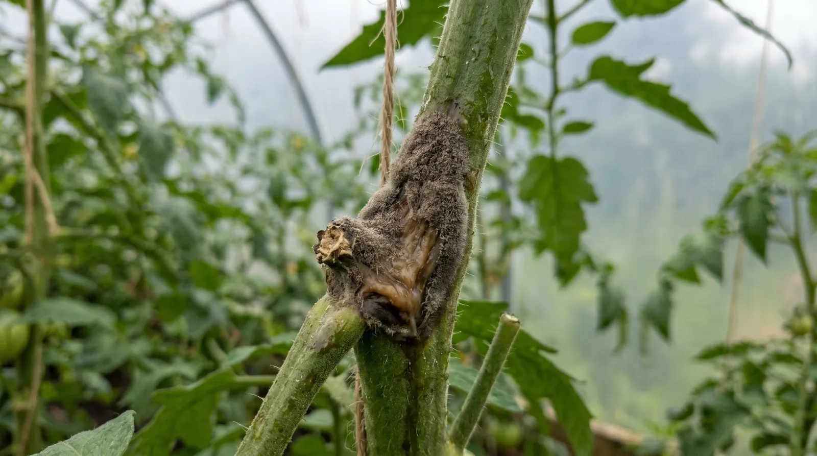 A tomato stem inside a polytunnel showing a grey-brown fuzzy Botrytis grey mould lesion at a leaf scar, with soft collapsing tissue