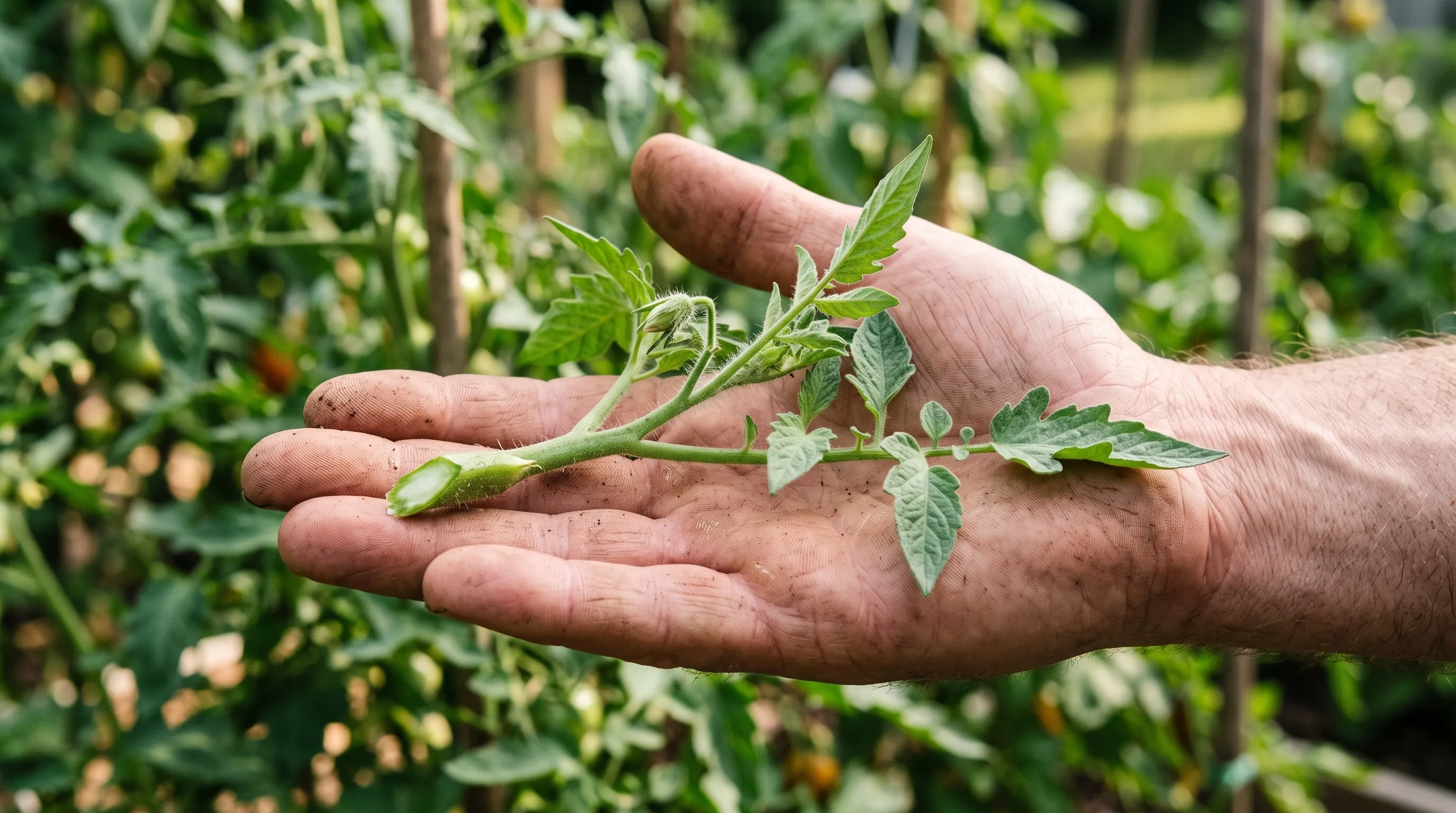 A single freshly cut tomato sideshoot cutting resting across an open palm