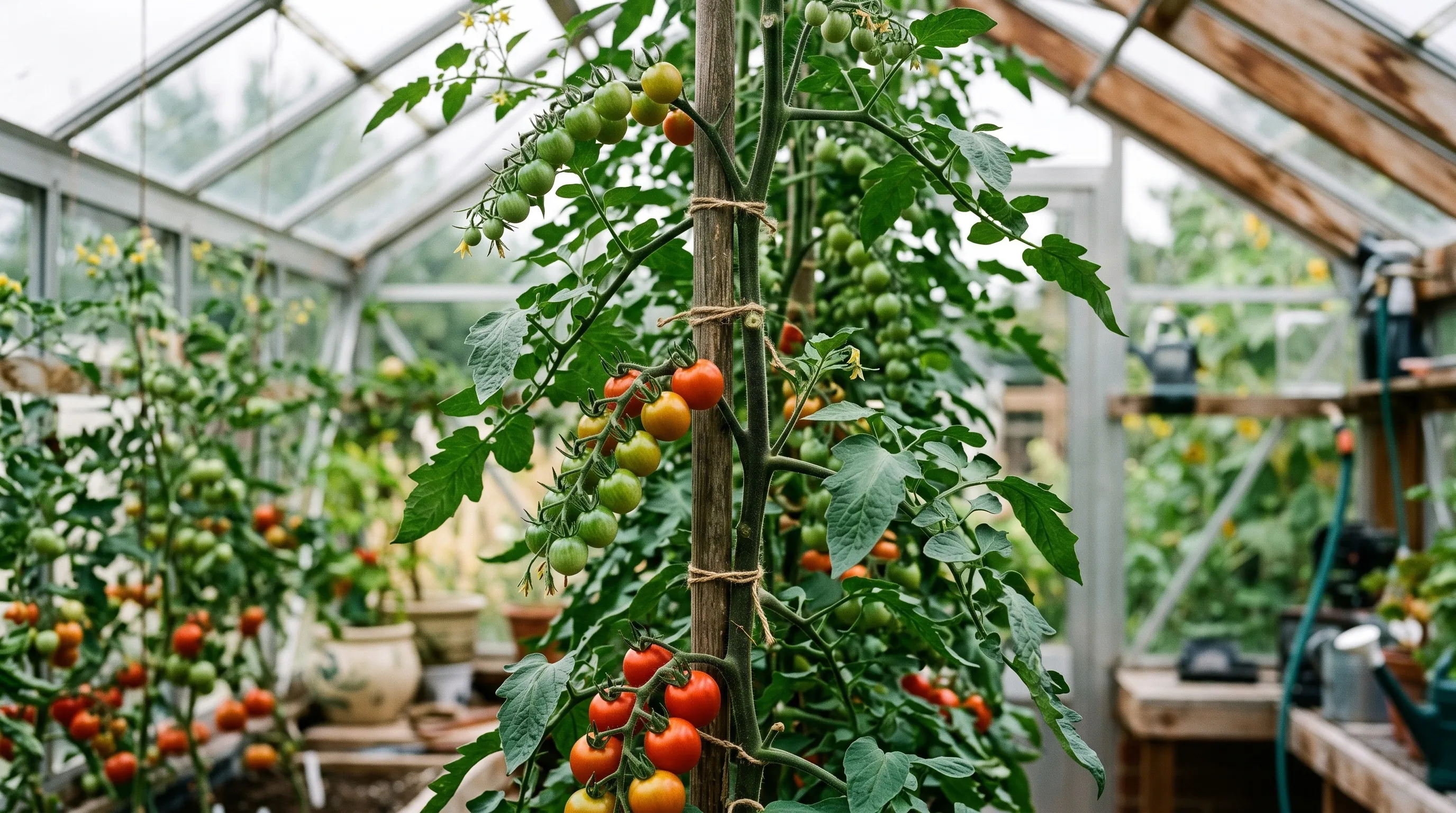 A tall cordon tomato plant tied to a cane with trusses of ripening tomatoes in a greenhouse