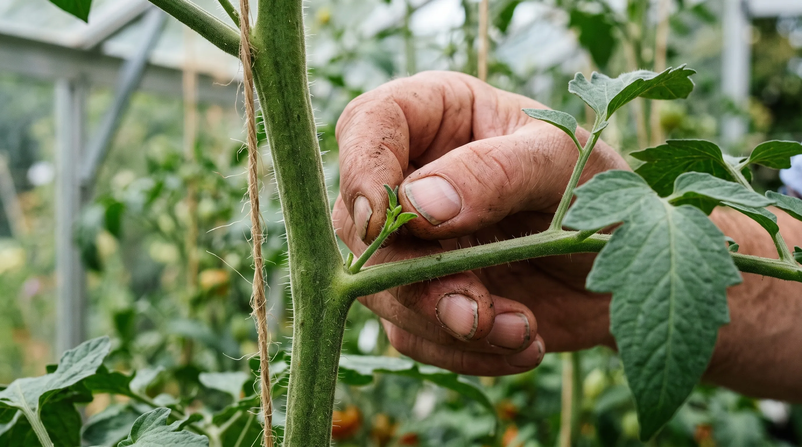 Gardener's fingers pinching a green sideshoot from the leaf axil of a cordon tomato plant