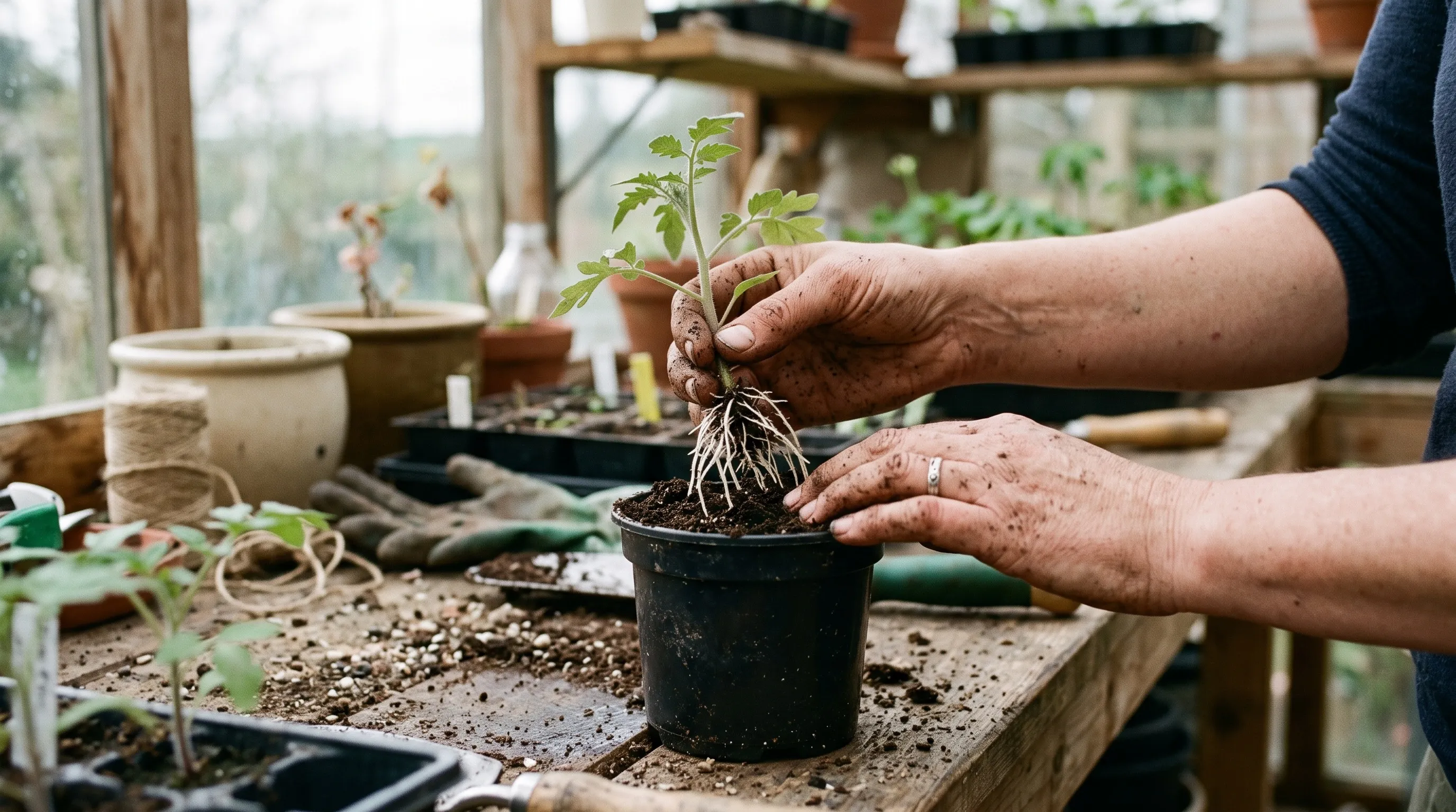 Hands potting a rooted tomato cutting into a small pot of moist compost on a potting bench
