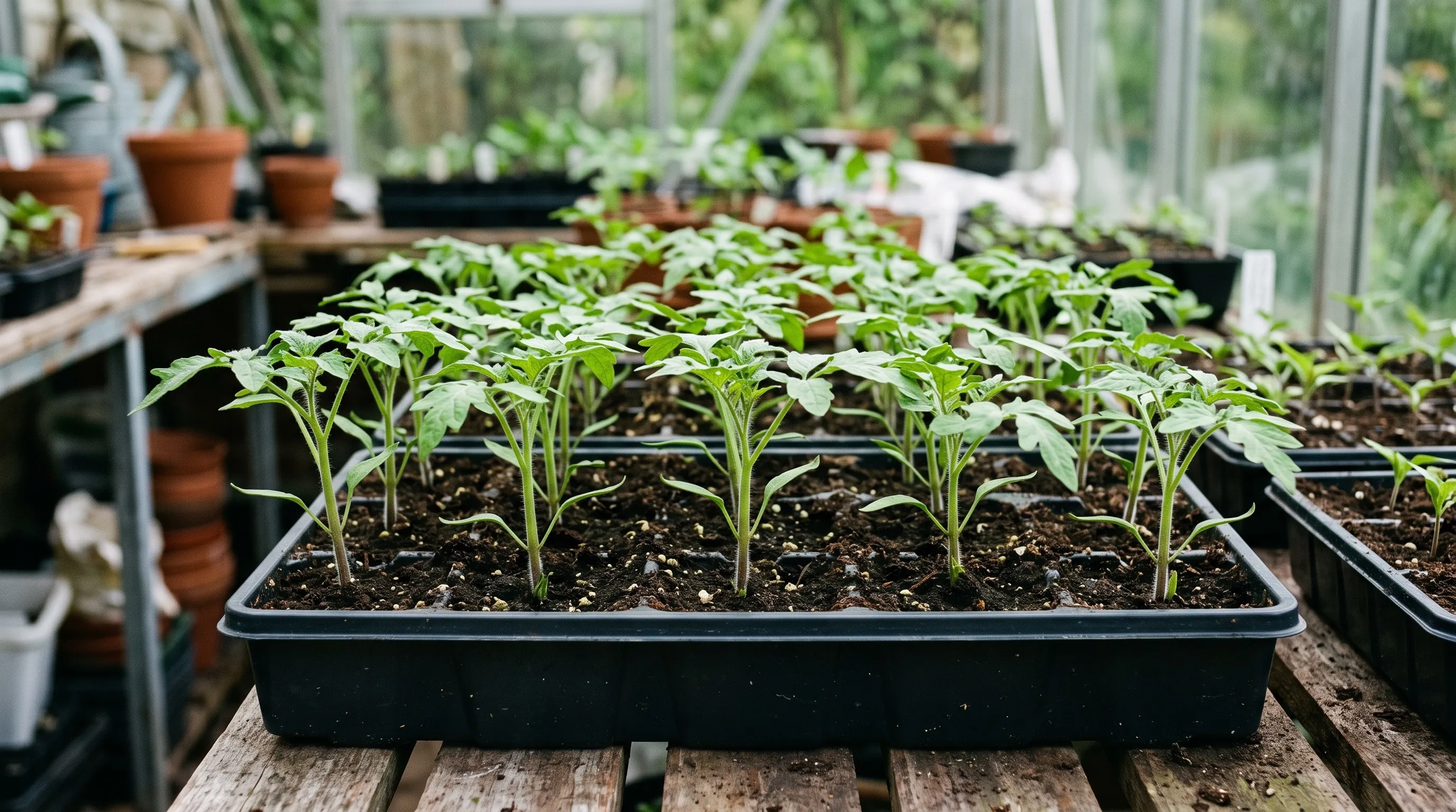 A tray of small healthy young tomato plants grown from cuttings on greenhouse staging