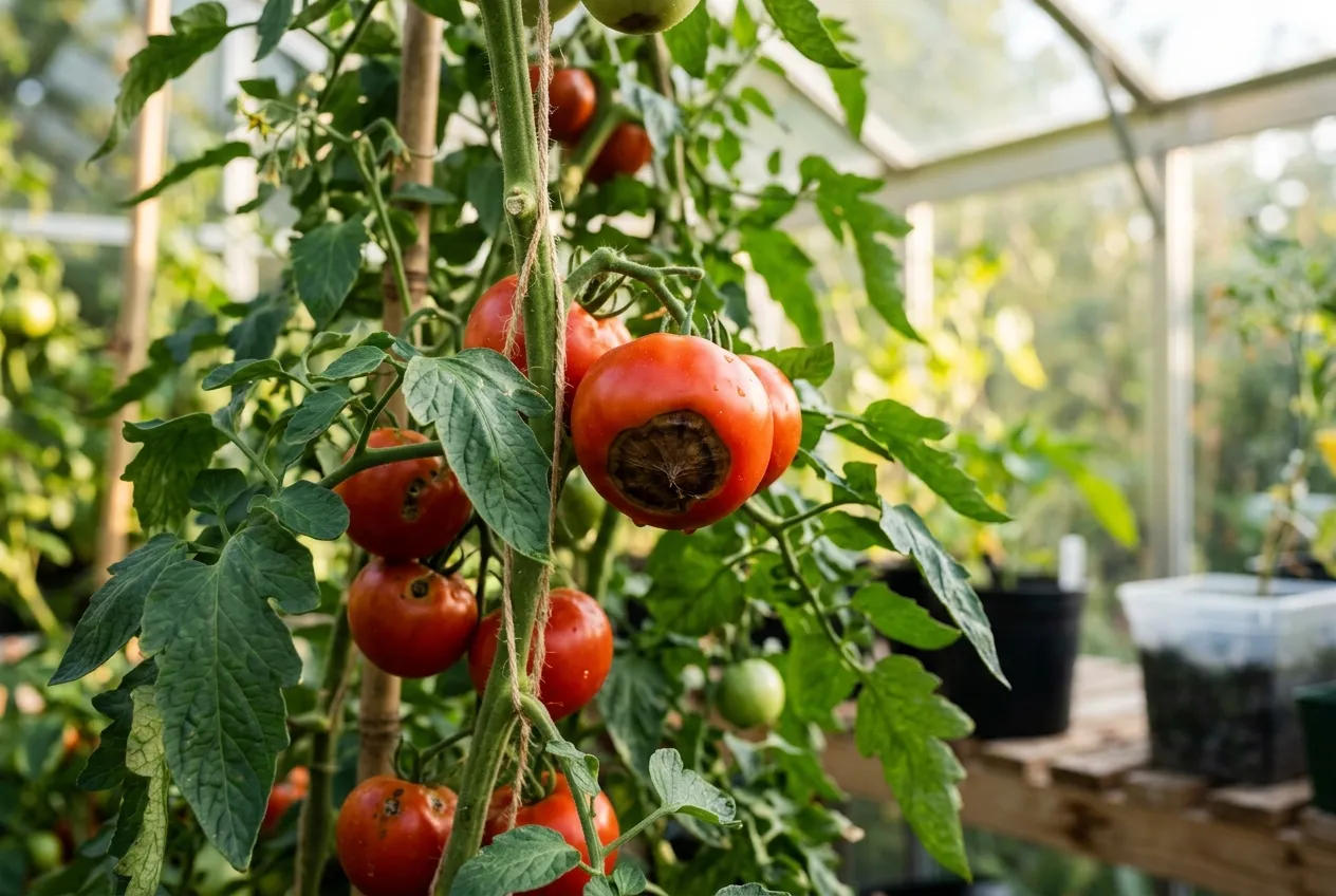 Tomato diseases UK blossom end rot showing dark sunken patch on red fruit in a greenhouse