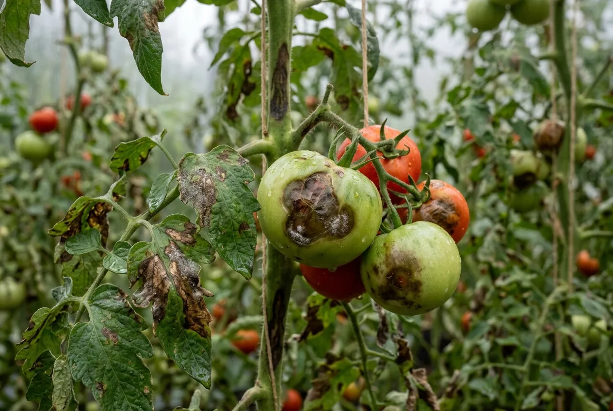 Late blight on tomato diseases UK showing brown lesions on fruit and dark patches on leaves in wet conditions
