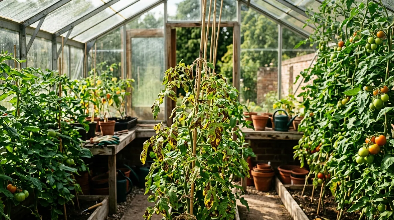Common tomato diseases UK identification showing blight-affected and healthy plants in a greenhouse