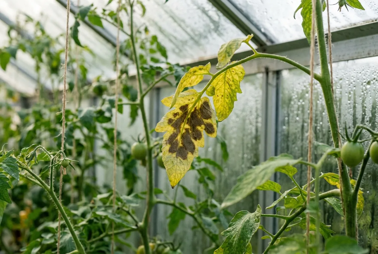 Tomato diseases UK leaf mould showing yellowing leaves with brown patches in a humid greenhouse