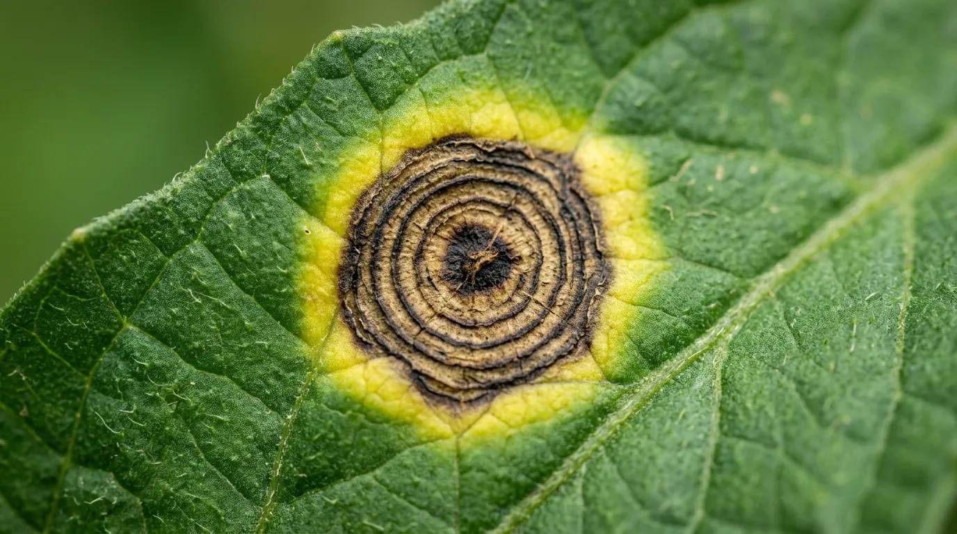 Close-up of concentric ring pattern on a tomato leaf caused by Alternaria solani early blight