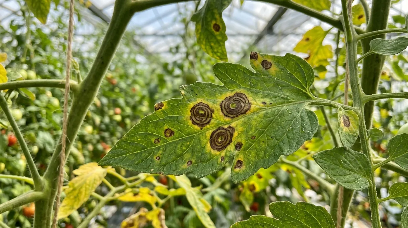 Tomato early blight leaf showing dark concentric ring lesions on lower foliage in a UK greenhouse