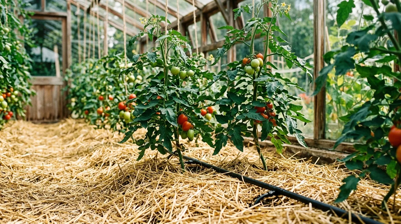 Tomato plants mulched with straw to prevent early blight splash infection in a UK greenhouse