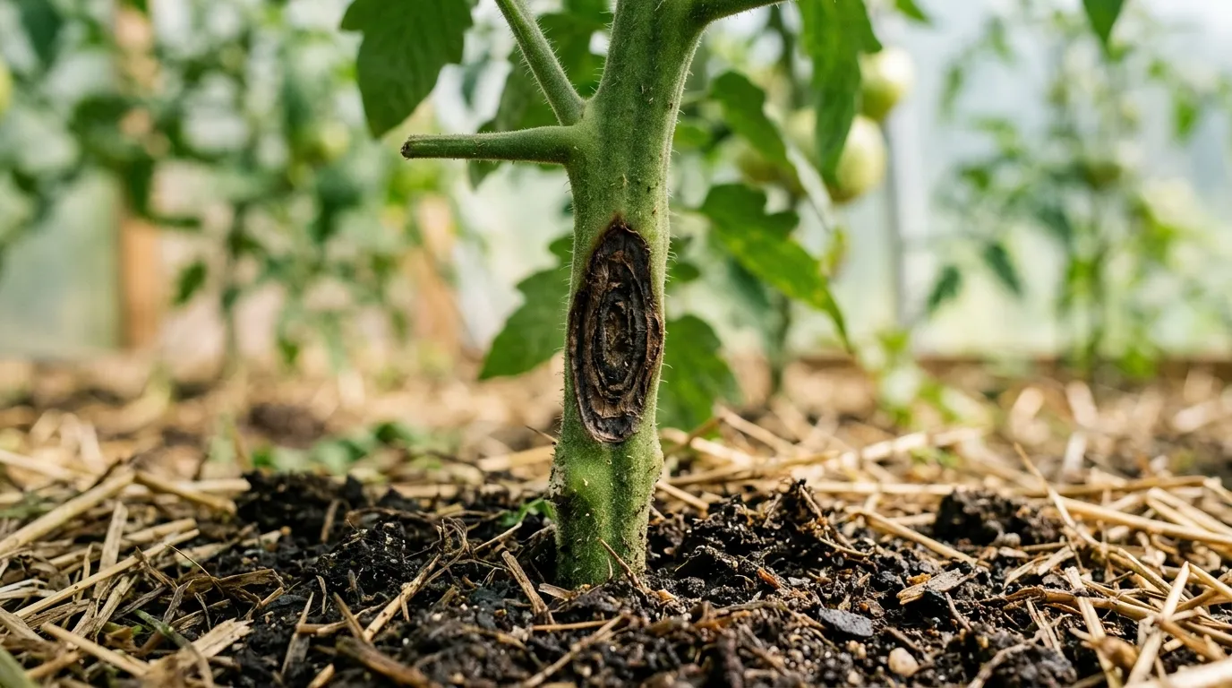 Tomato early blight stem showing dark sunken elongated lesion near the soil line