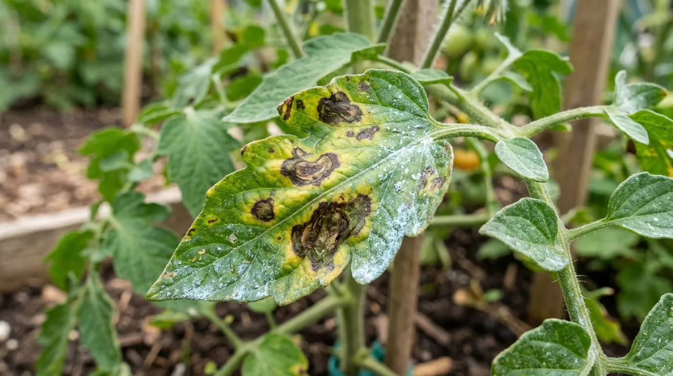 Close-up showing tomato early blight treatment on UK garden plant for identification