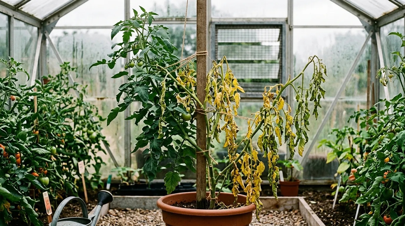 Tomato fusarium wilt one-sided wilting symptoms on greenhouse plant