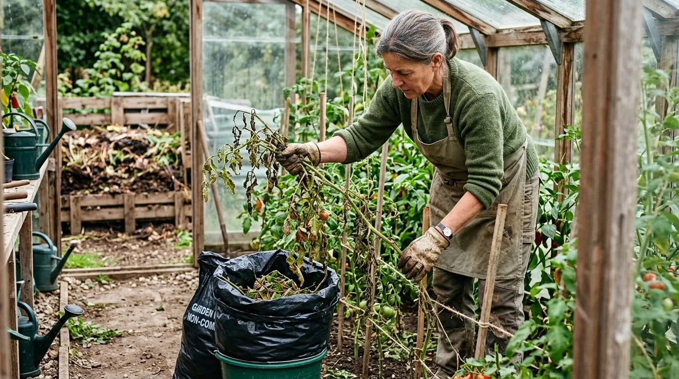 UK gardener removing infected tomato plant material into a black plastic bag away from compost