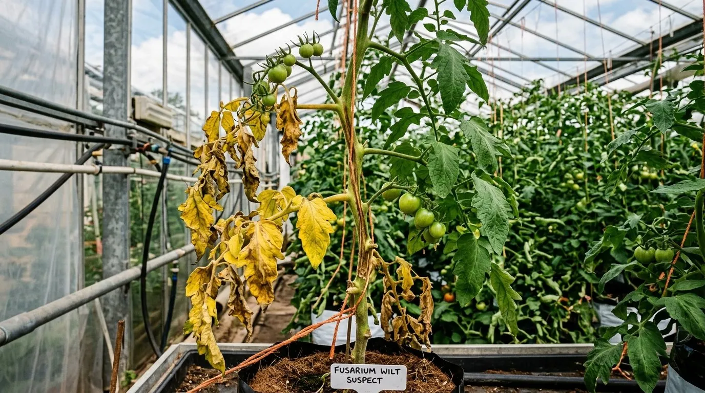 Tomato Fusarium wilt UK greenhouse plant with asymmetric yellowing leaves