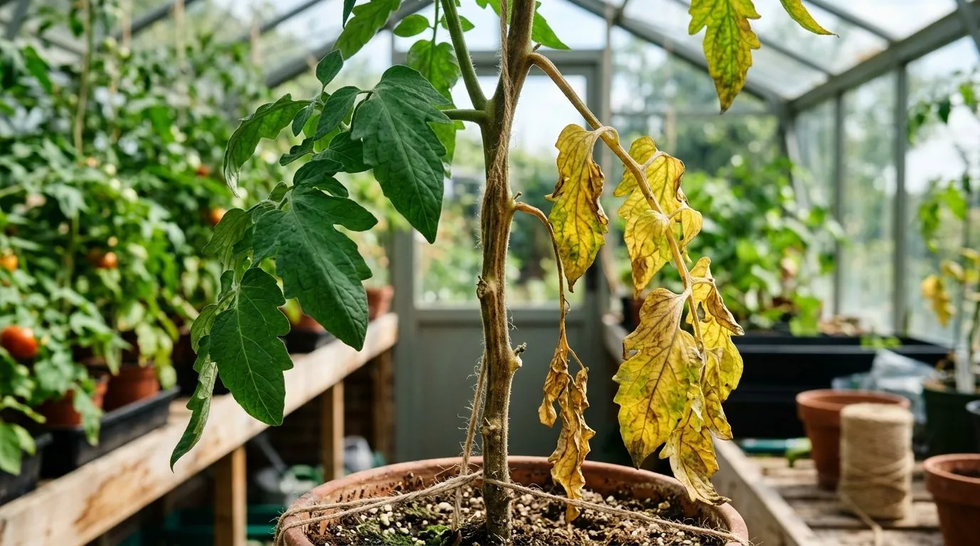 Tomato plant showing fusarium wilt symptoms with yellowing leaves in a UK greenhouse