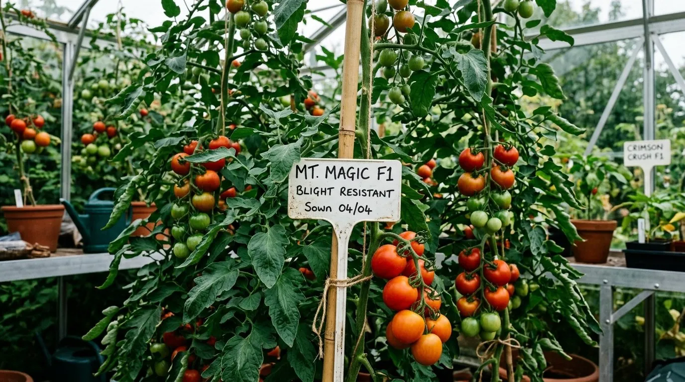 Healthy resistant tomato variety plants growing in a UK greenhouse with F1 hybrid labels