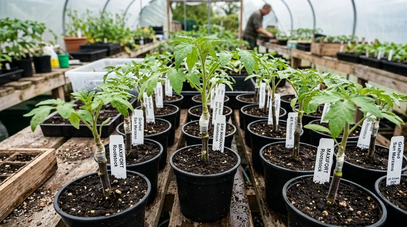 Grafted tomato seedlings in pots showing graft union where resistant rootstock joins the chosen variety