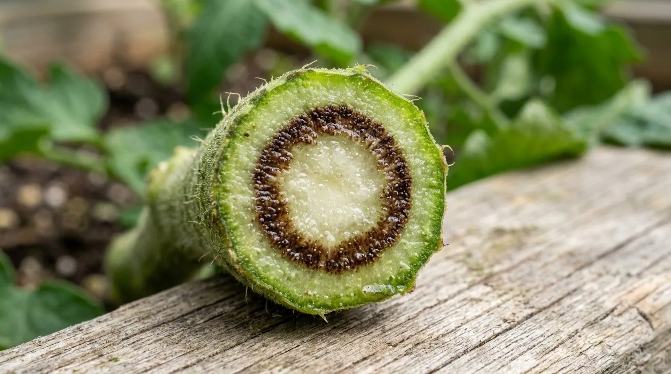 Tomato stem cross-section showing the classic brown vascular discoloration of Fusarium wilt