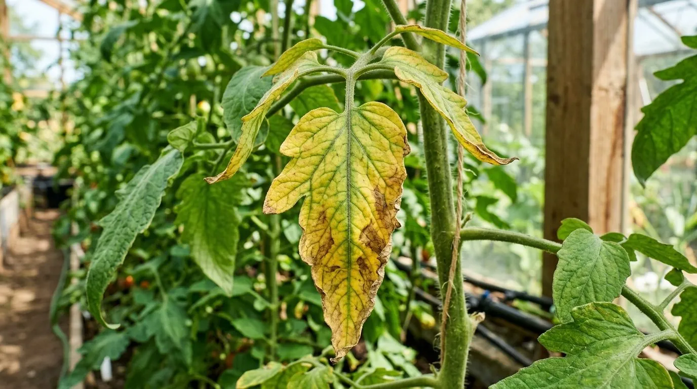 Tomato leaf showing classic Fusarium wilt yellowing in V-shape from leaf edge inward