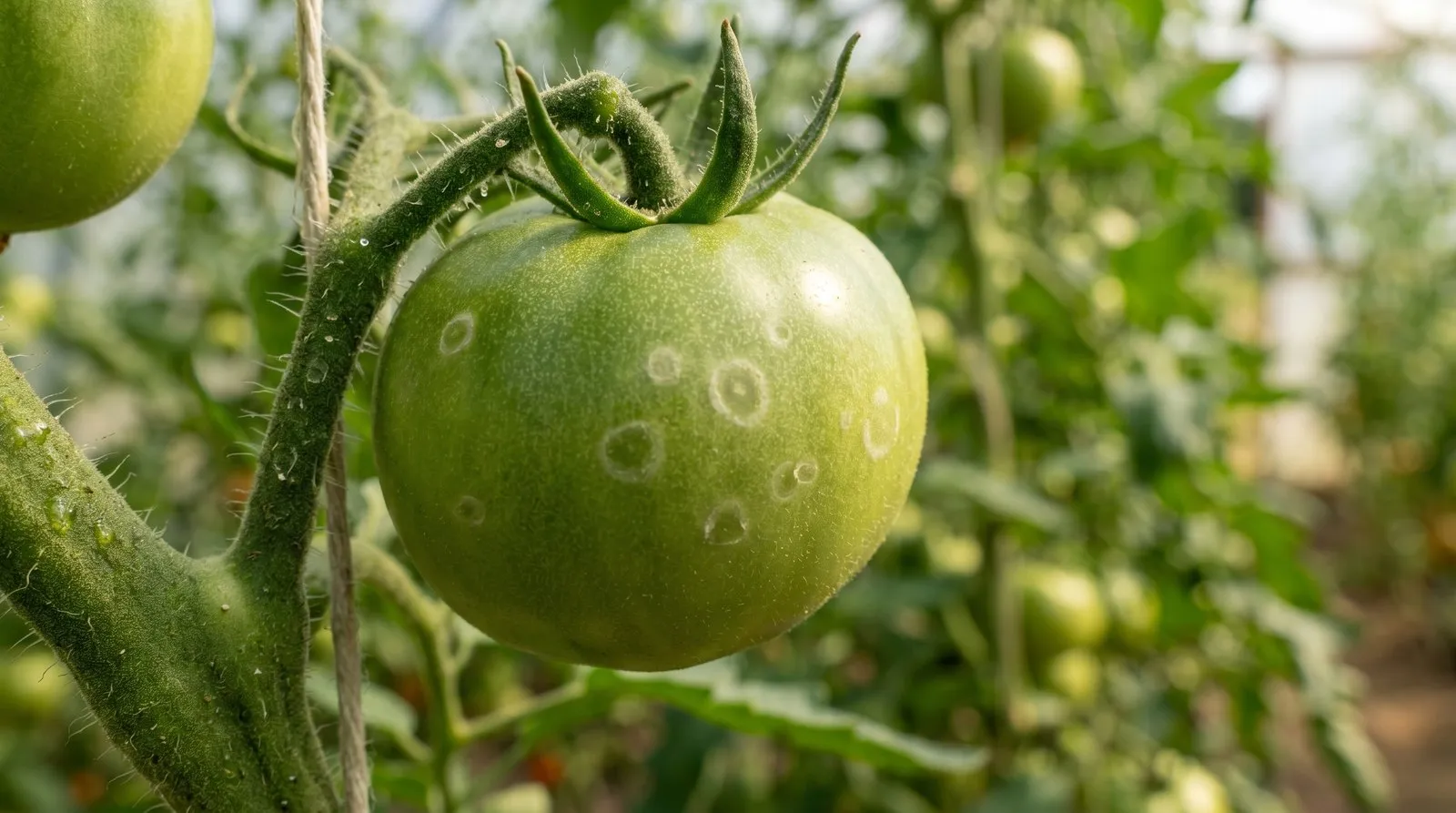 Extreme close-up of a green unripe tomato on the vine showing faint pale translucent rings, the ghost spot symptom of Botrytis