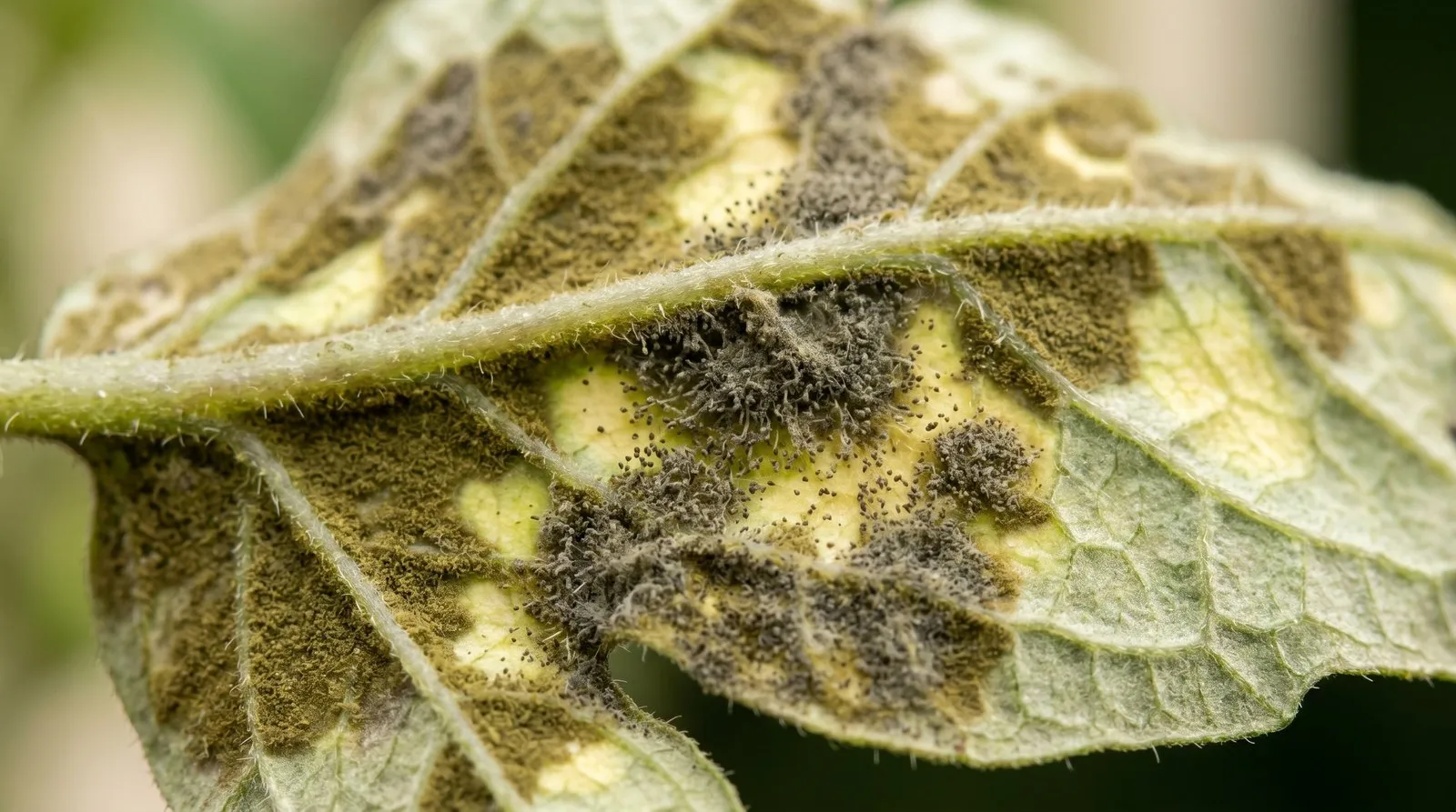 Macro close-up of the underside of a tomato leaf showing velvety olive-brown leaf mould patches, with matching yellow blotches visible on the upper surface