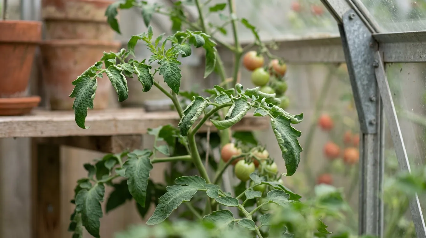 Tomato leaves curling upward on a greenhouse cordon plant in a UK garden, lower leaves rolled but fruit healthy