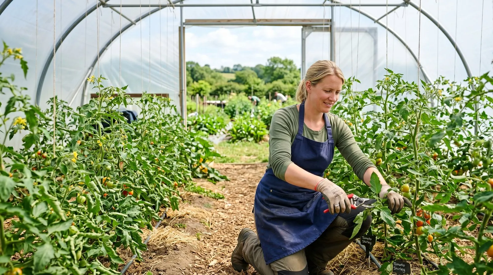 A gardener removing the lower leaves from a polytunnel tomato plant to improve airflow around the base, secateurs in hand