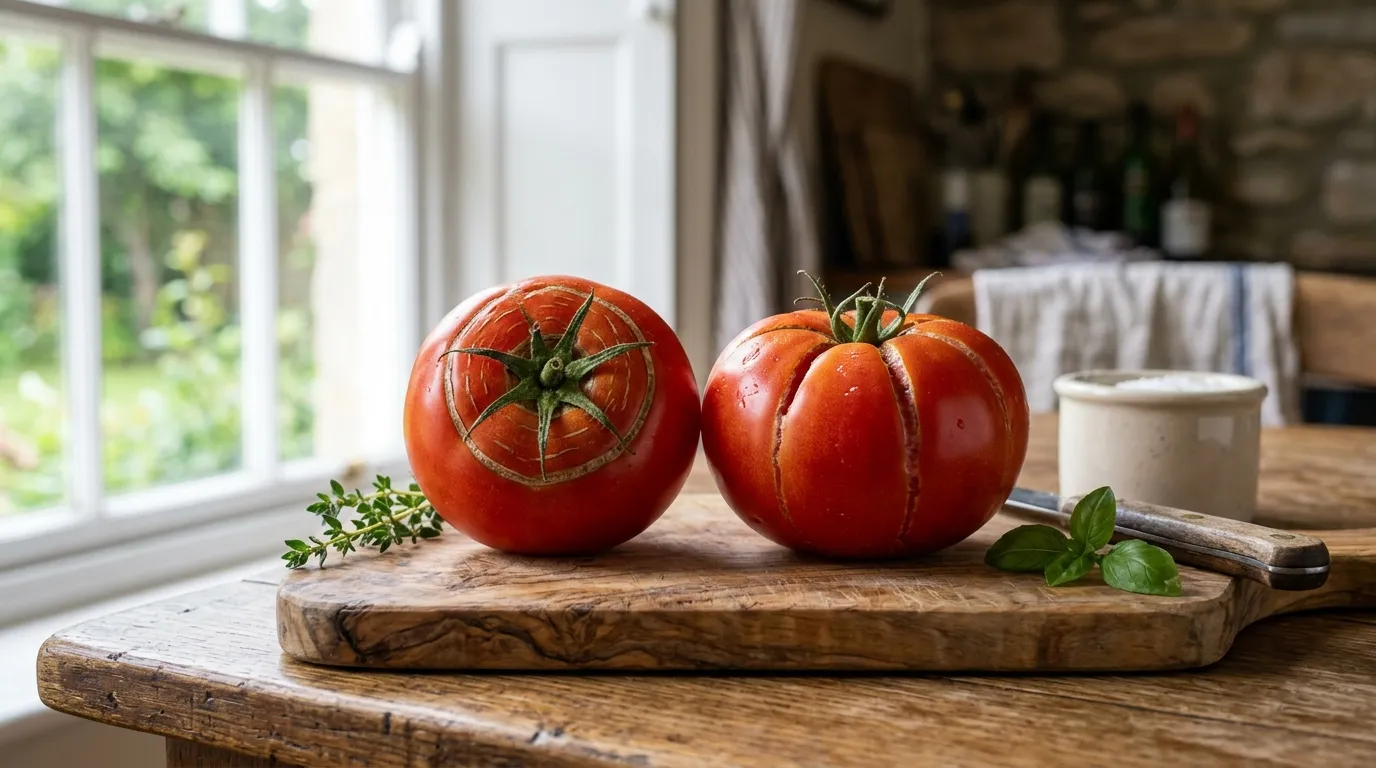 Two tomatoes side by side, one with concentric ring cracks around the stem and the other with vertical radial cracks running from stem to base