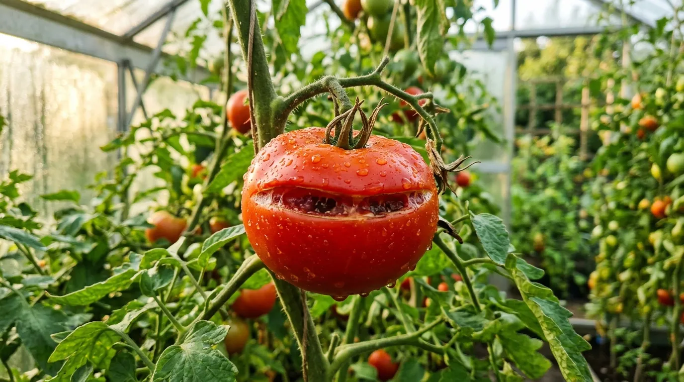 Ripe red tomato on the vine in a UK greenhouse with a clear radial split across the shoulders, the classic skin-splitting symptom UK growers see in August