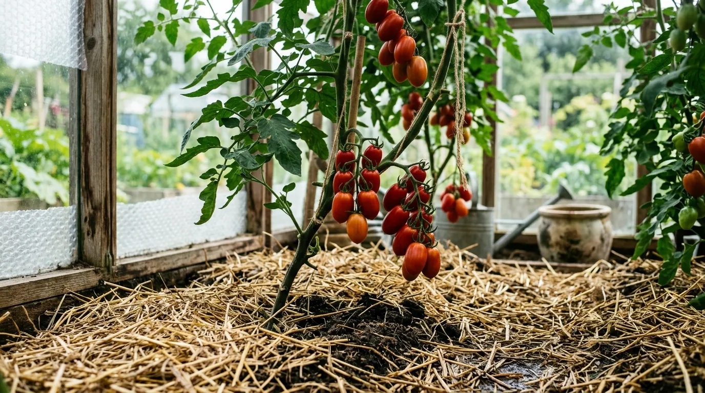 Tomato plants in a UK polytunnel with thick straw mulch around the base of each plant, healthy ripening trusses visible on the plants