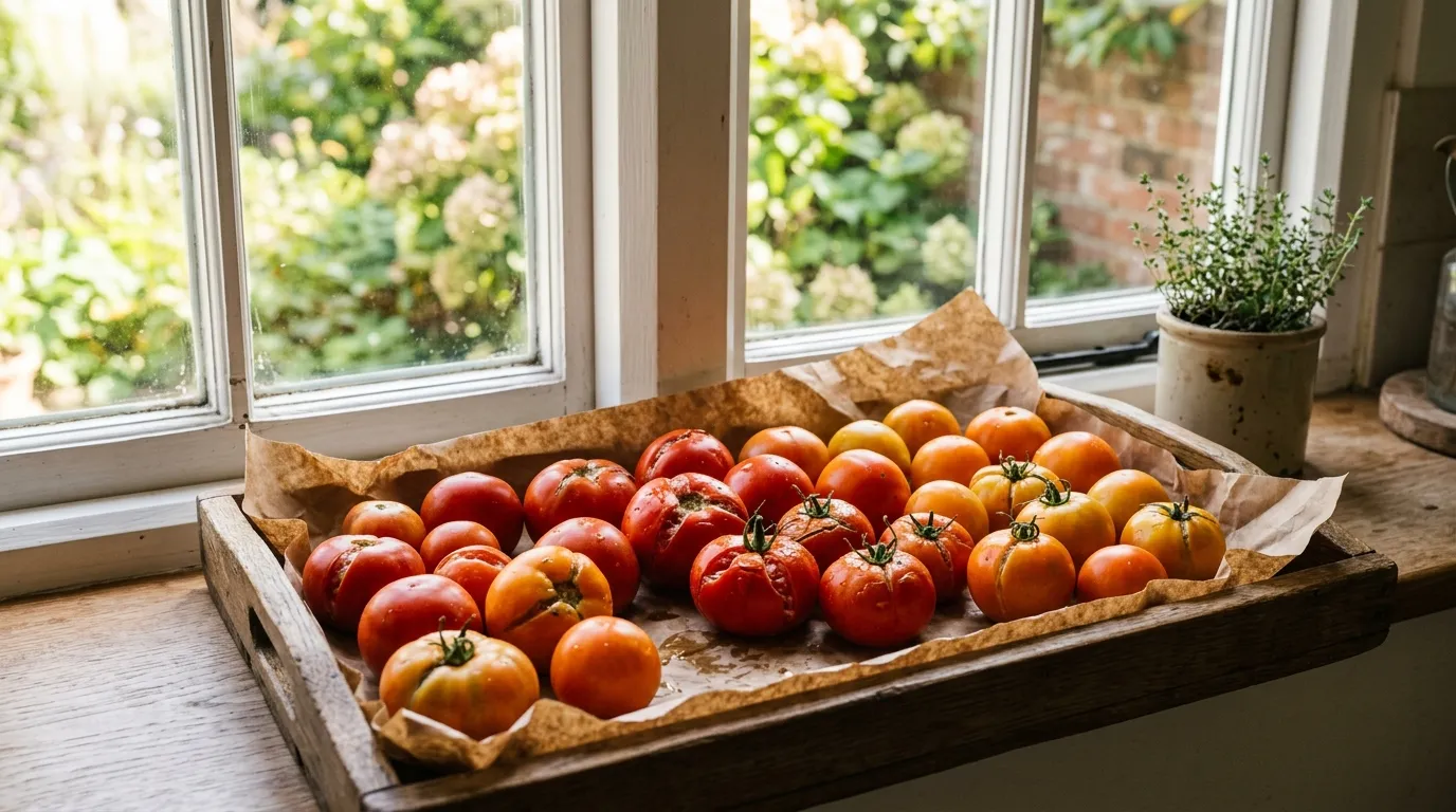 Harvested split tomatoes ripening indoors on a sunny UK kitchen windowsill, arranged on a wooden tray on brown paper