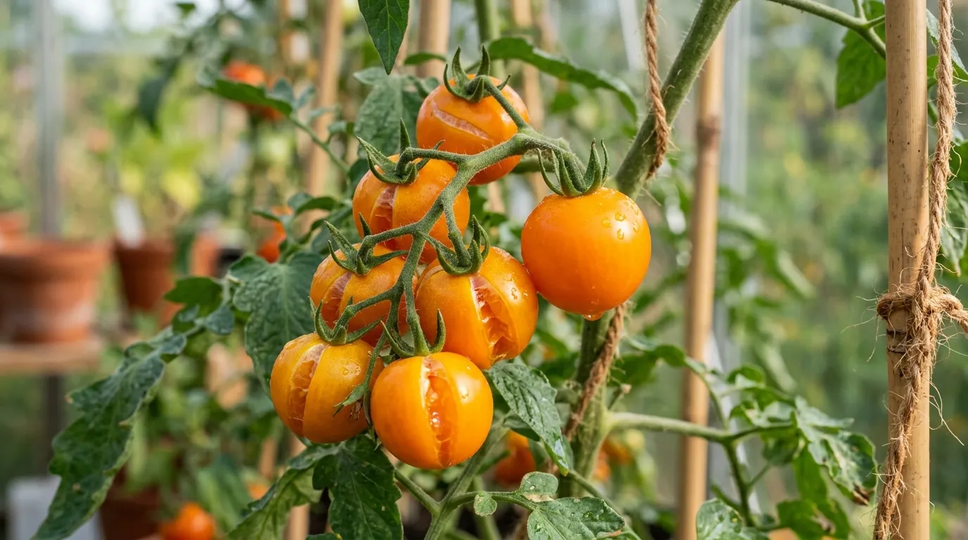 Orange Sungold cherry tomato cluster on the vine with several skin splits visible and one unsplit tomato beside them