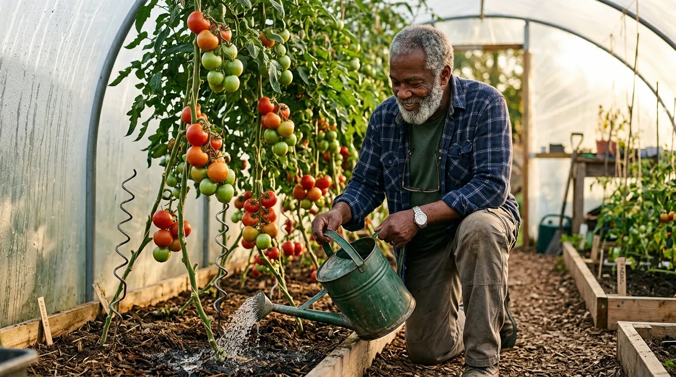 A British gardener watering tomato plants slowly at the base in a UK polytunnel, with ripening trusses visible on the plants