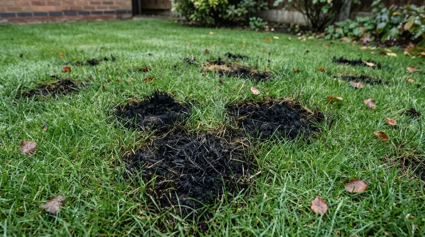Blackened scorch patches spread across a domestic UK lawn after over-applying iron sulphate
