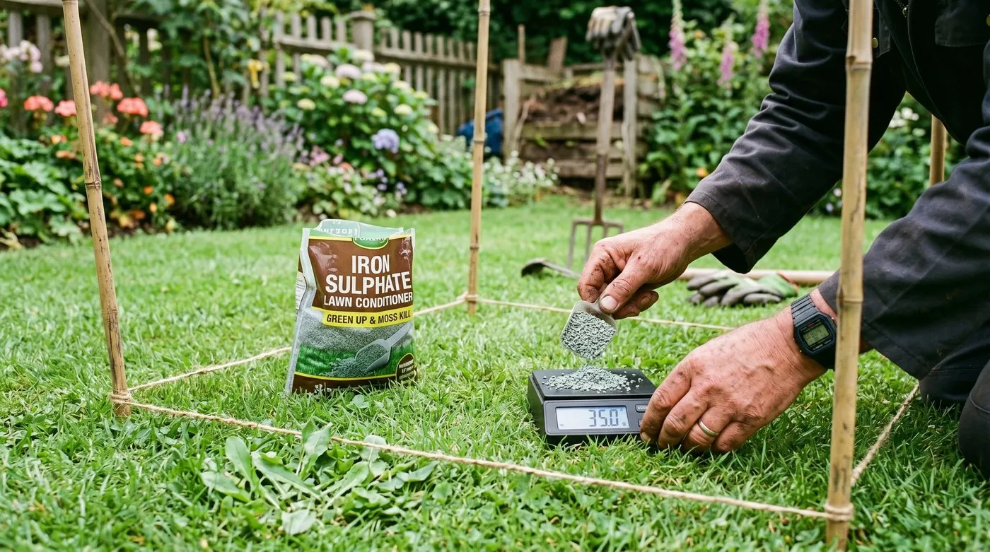 Iron sulphate granules being weighed on kitchen scales next to a marked square metre on a lawn