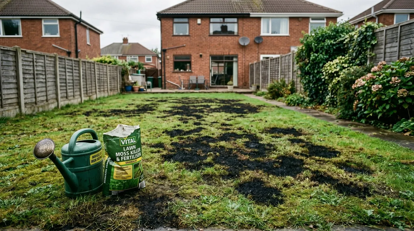 Blackened scorch patches across a UK lawn after too much iron sulphate was applied