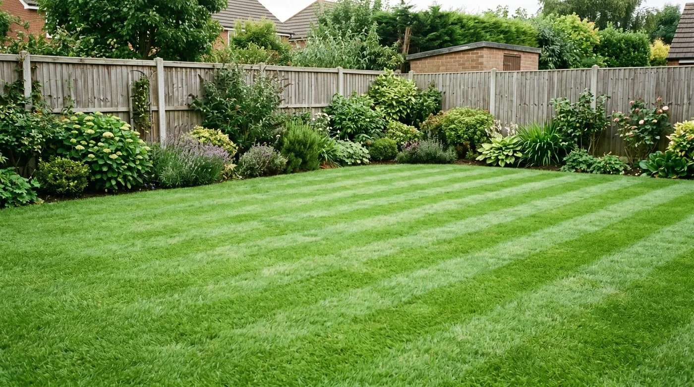 Lush green recovered UK lawn three weeks after iron sulphate scorch with healthy even turf